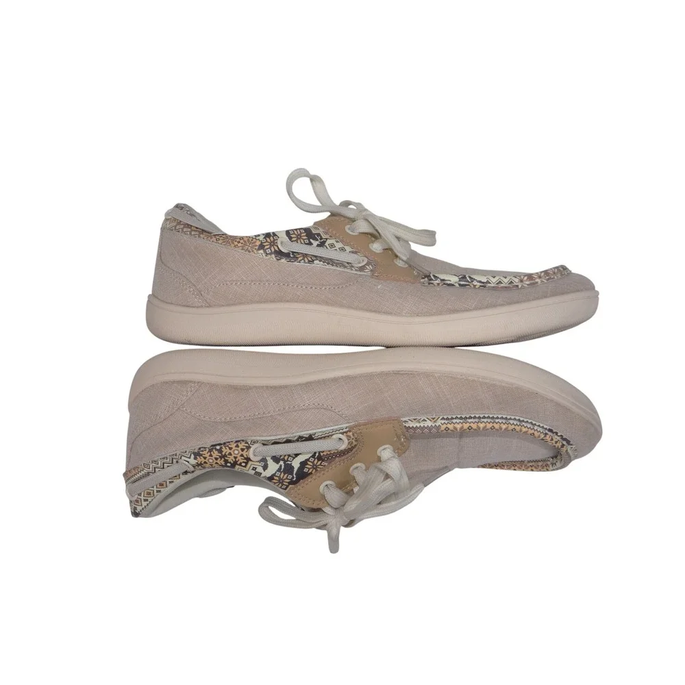 Womens Boat Shoes Tan Canvas Geometric Pattern Trim Moccasins 3771